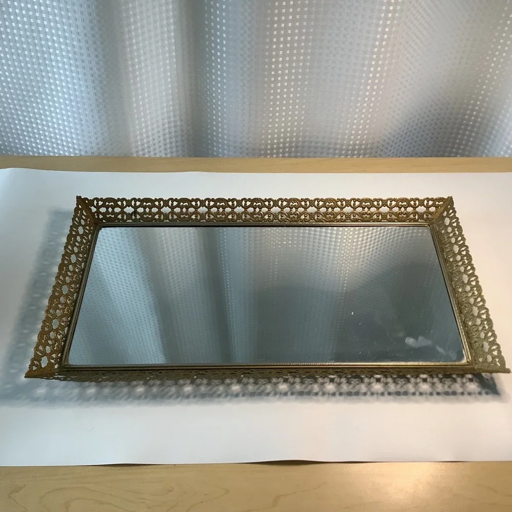 Vintage Mirror Vanity Tray Gold Filigree Metal Rectangle Hollywood Regency MCM